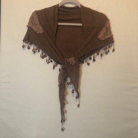 Taupe-Pink Scarf with Lace and Tassels - Picture 2 of 6